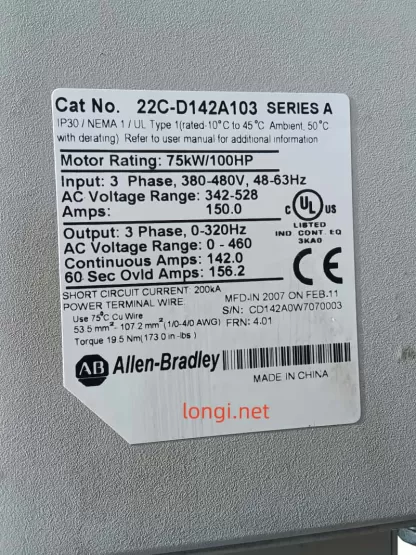 Allen-Bradley PowerFlex 400 22C-D142A103 75kW/100HP 380-480V AC Drive - Image 7