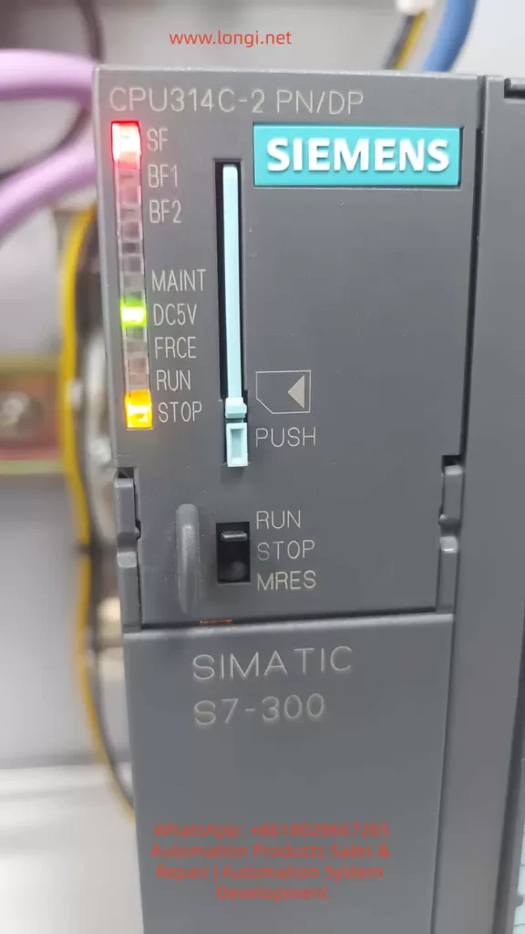 Close-up photo of a SIEMENS SIMATIC S7-300 CPU 314C-2 PN/DP module. The red SF (System Fault) and BF (Bus Fault) LEDs are illuminated, indicating a hardware or communication error.
