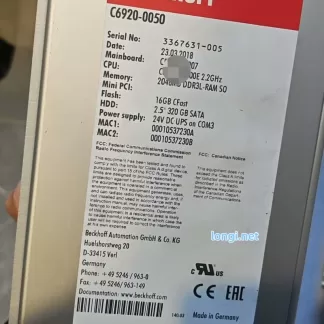 Beckhoff C6920-0050 industrial computer nameplate