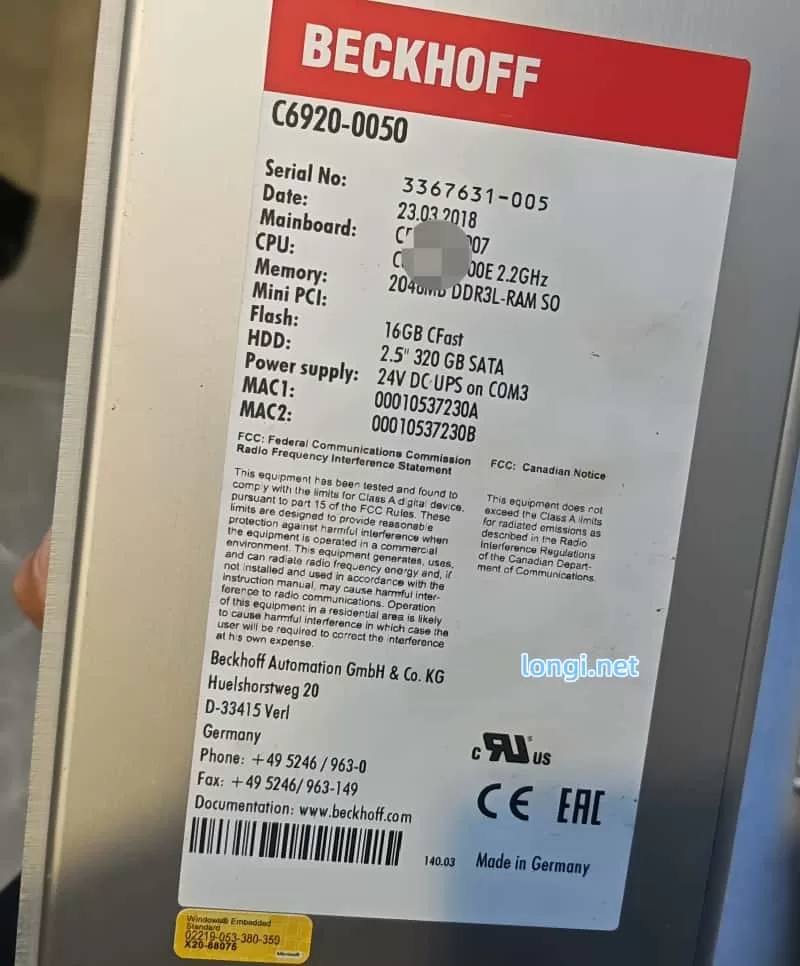 Beckhoff C6920-0050 industrial computer nameplate