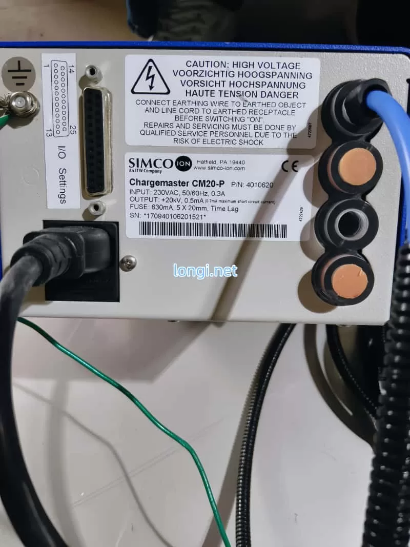 Rear label and high-voltage outputs of SIMCO-ION CM20-P electrostatic generator