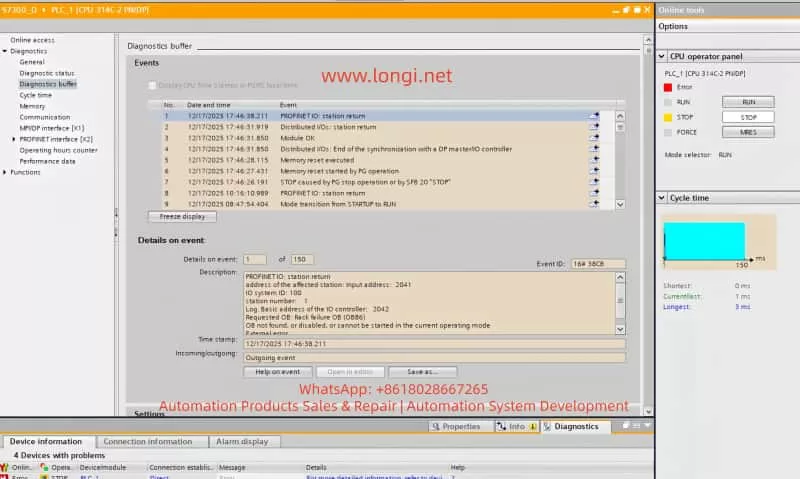 Screenshot of the SIMATIC S7-300 PLC diagnostics buffer in TIA Portal, showing a 'PROFINET IO: station return' error and 'Error in lower-level component' status.