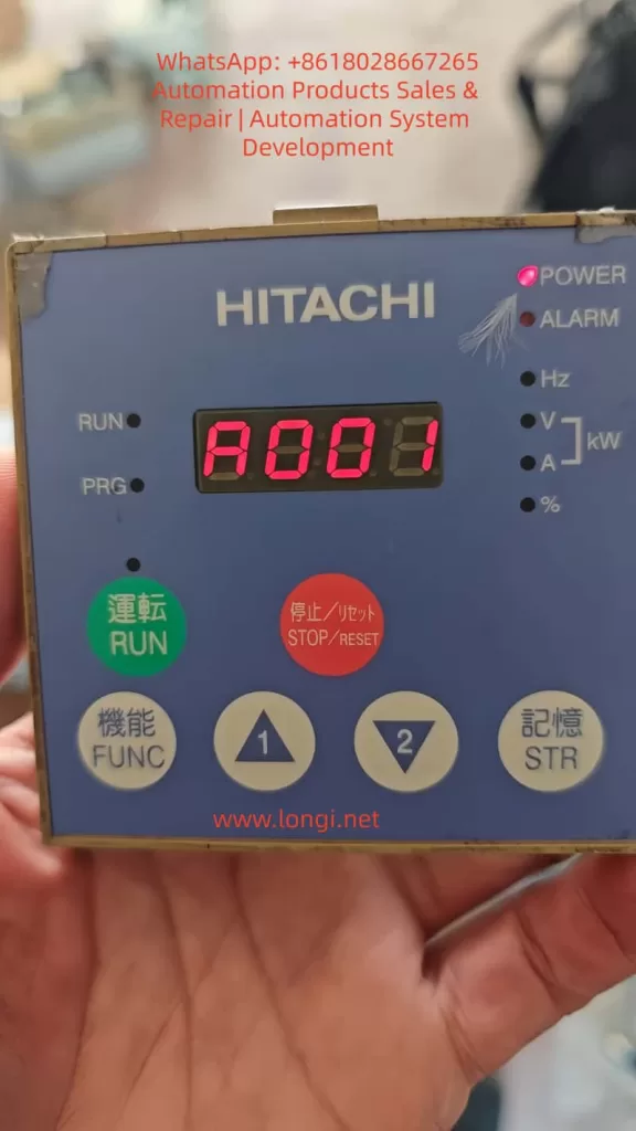 Hitachi SJ300 Operator Panel displaying parameter code A001 on the LED screen.