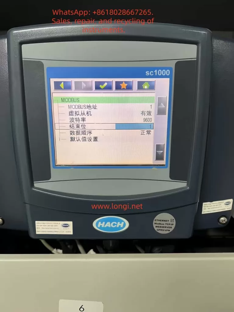 HACH SC1000 controller Modbus communication settings screen showing slave address, baud rate 9600, stop bit 1, and data order configuration for RS485 Modbus RTU