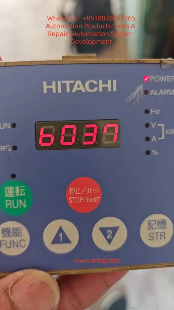 Hitachi SJ300 Inverter display locked on B037 parameter code with red LED digits.