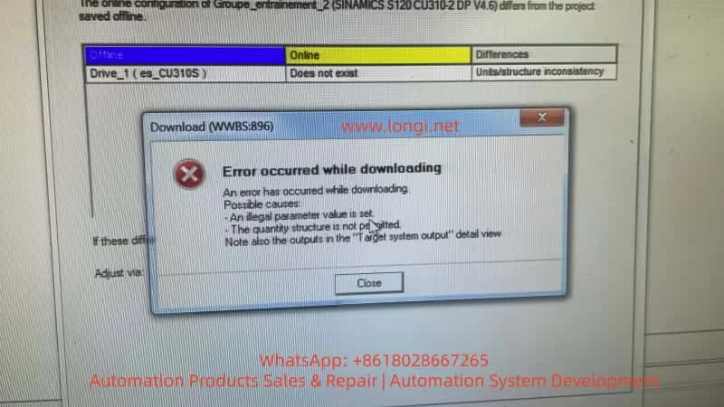 An error occurs when downloading data from STARTER to S120.