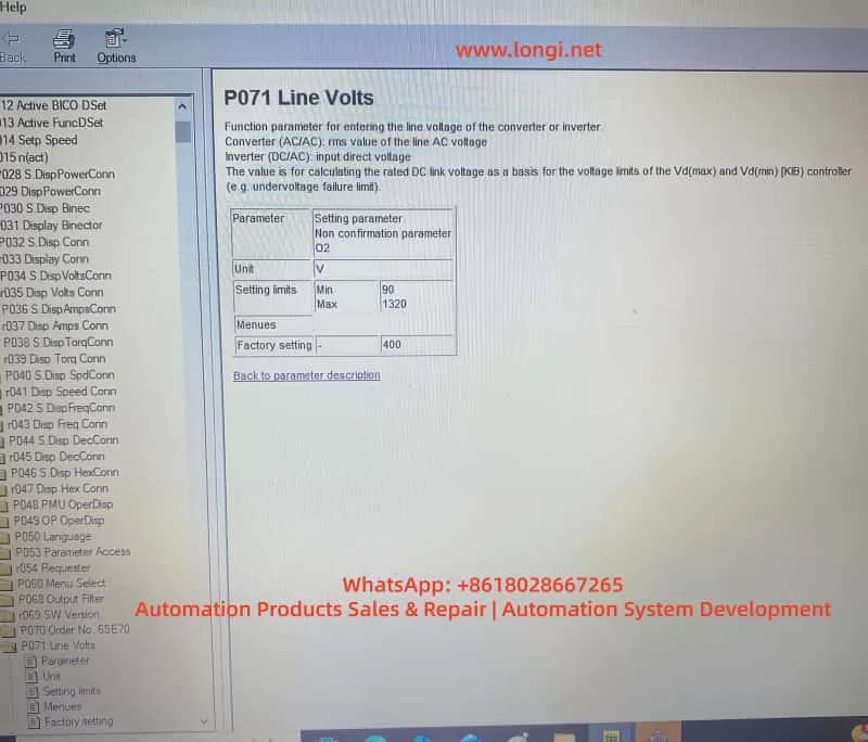 Screenshot of the DriveMon software interface displaying Parameter P071 "Line Volts". The parameter description explains it is used for calculating the rated DC link voltage. The "Setting limits" section clearly shows a Minimum value of 90V and a Maximum of 1320V, with a Factory setting of 400V. This screen illustrates the software limits that restrict the user from setting the voltage to incompatible values for this specific hardware.