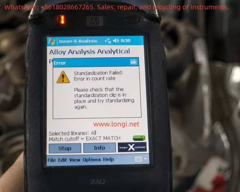 Innov-X Alpha series handheld XRF alloy analyzer displaying “Standardization Failed: Error in count rate” warning during alloy analysis calibration process
