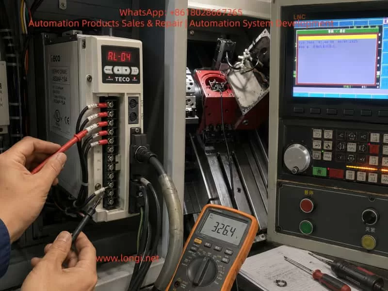 TECO JSDAP-15A servo drive showing an RL-04 overcurrent alarm during CNC machine troubleshooting, with visible drive label, wiring terminals, technician test probes, and LNC control panel in the background.
