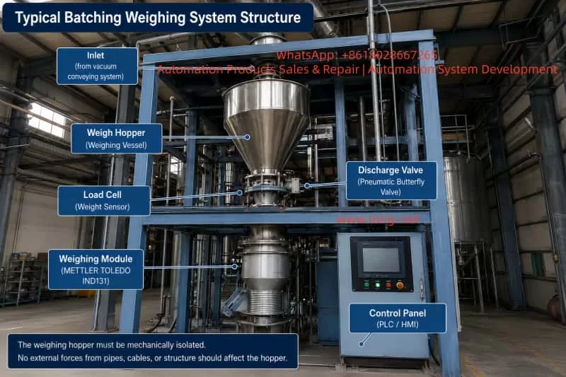 Industrial batching weighing system with stainless steel weigh hopper, load cell, pneumatic discharge valve, METTLER TOLEDO IND131 weighing module, and PLC/HMI control panel, illustrating the mechanical isolation required for accurate hopper weighing.
