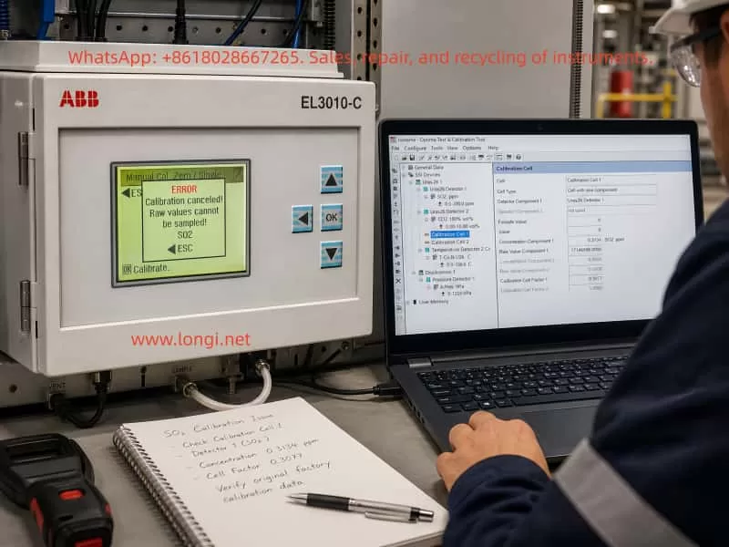 ABB EL3010-C gas analyzer showing an SO2 calibration error while a laptop displays Optima TCT software with Calibration Cell 1 settings and SO2 diagnostic data.