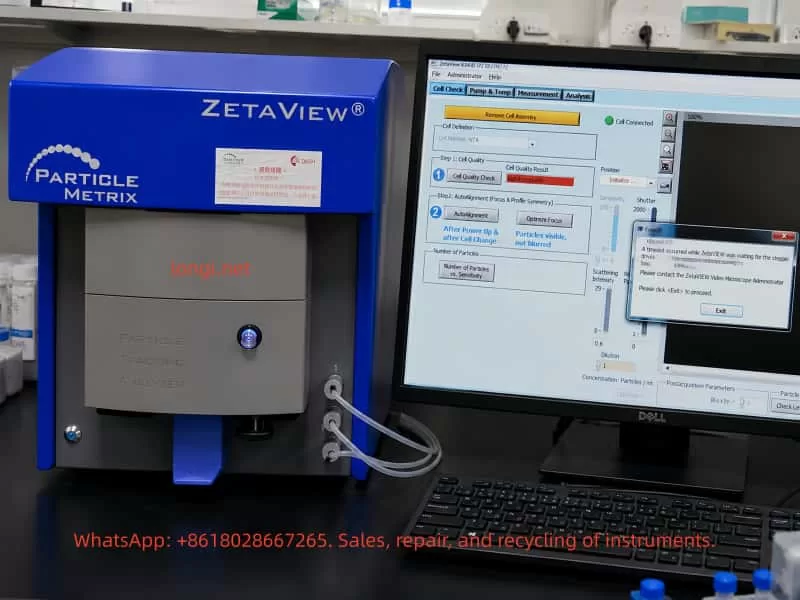 Particle Metrix ZetaView NTA analyzer showing a ZetaVIEW software self-test failure with a stepper drive timeout error on the connected computer screen.