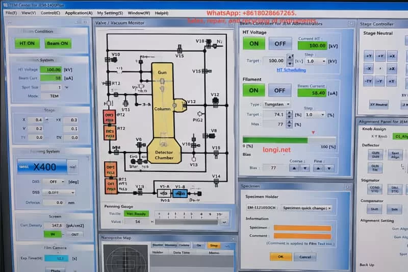 JEOL JEM-1400 transmission electron microscope control software interface showing HT voltage at 100 kV, filament ON status, beam current settings, vacuum monitor diagram, stage controller, and alignment control panel.