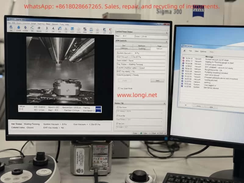 ZEISS Sigma 300 SEM workstation showing the vacuum control interface with “Waiting Penning” status, rough vacuum reading around 8 Pa, closed column valve, and EM Server log during vacuum fault diagnosis.