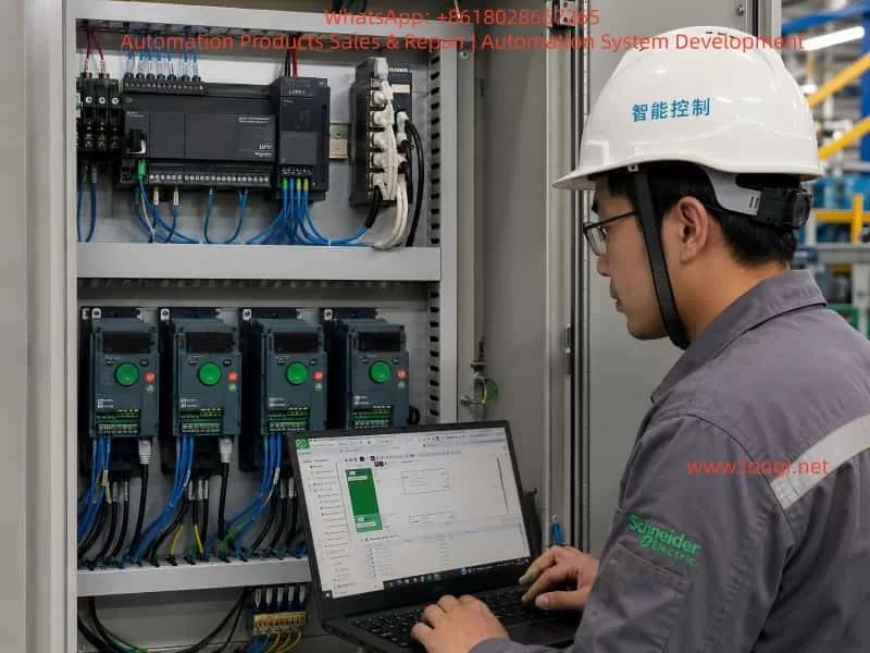 Chinese engineer commissioning a Schneider M221 PLC and multiple ATV310 VFDs in an industrial Modbus RTU control cabinet.