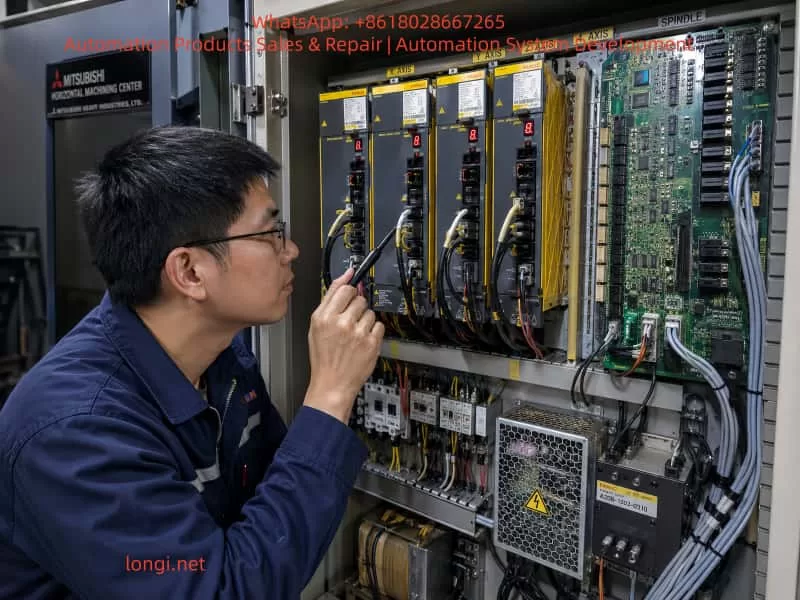 Chinese engineer inspecting a FANUC 18M servo amplifier cabinet with the Y-axis drive showing an 8-dot alarm, indicating a FANUC alpha servo hardware fault.