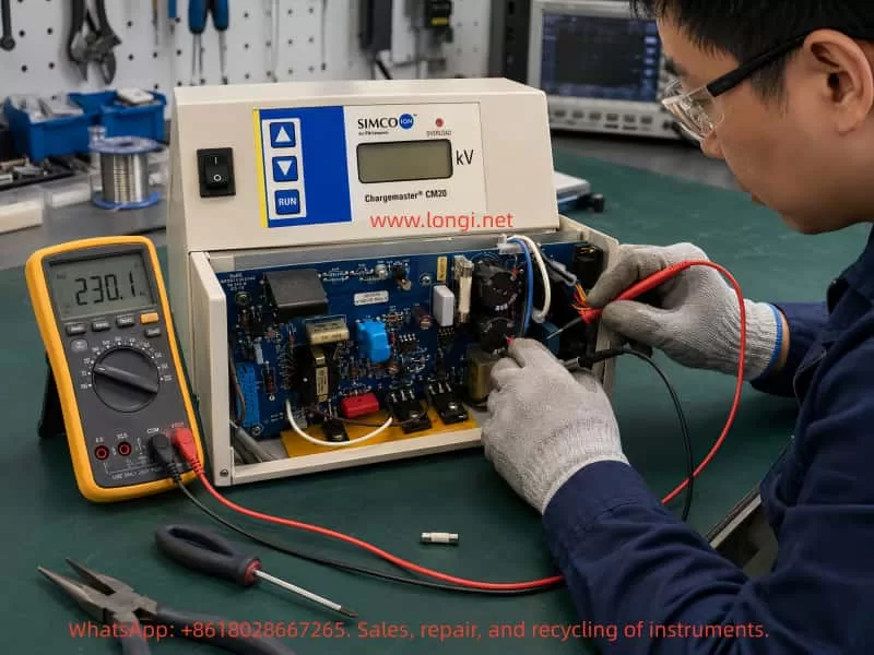 Technician troubleshooting a SIMCO-ION Chargemaster CM20 electrostatic high-voltage generator on a repair bench, using a digital multimeter to check the internal power board, fuse area, and input circuit after an overload fault.