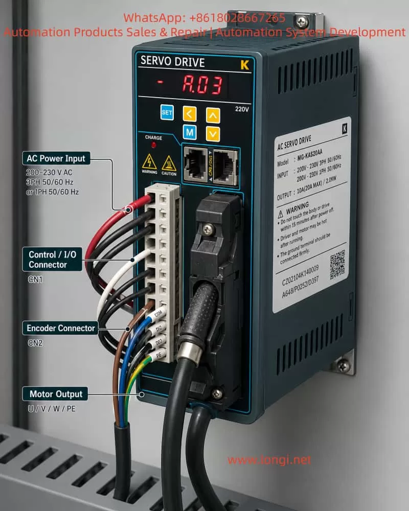 MG-KAS20AA front panel and wiring terminals.