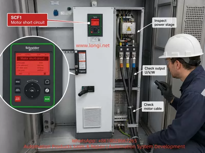 Technician inspecting a Schneider Electric ATV660 drive cabinet showing SCF1 Motor Short Circuit alarm, with callouts for checking U/V/W output terminals, motor cable, and power stage.