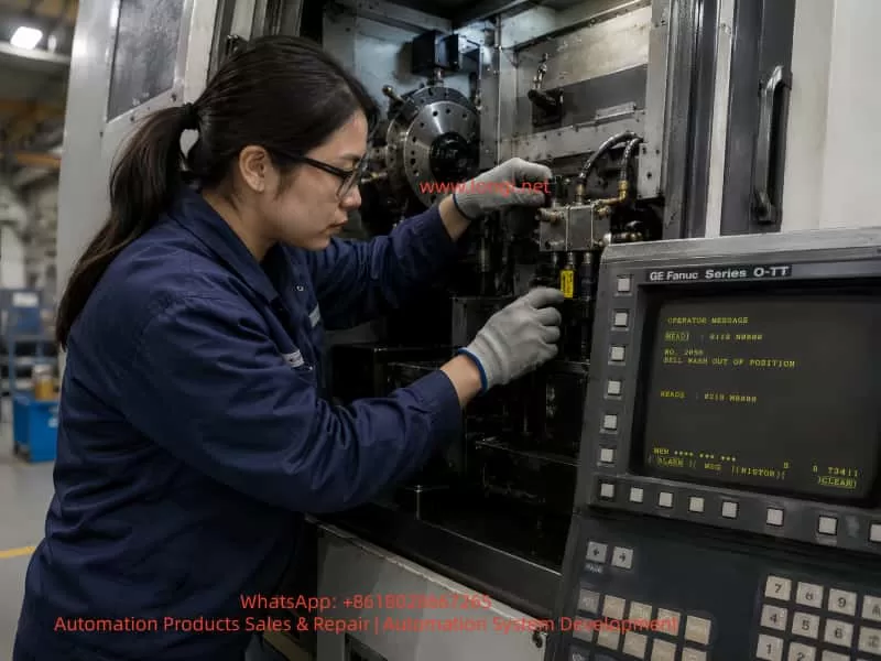 Female engineer troubleshooting a GE Fanuc Series O-TT twin-turret CNC lathe with Bell Wash out of position alarm in an industrial workshop