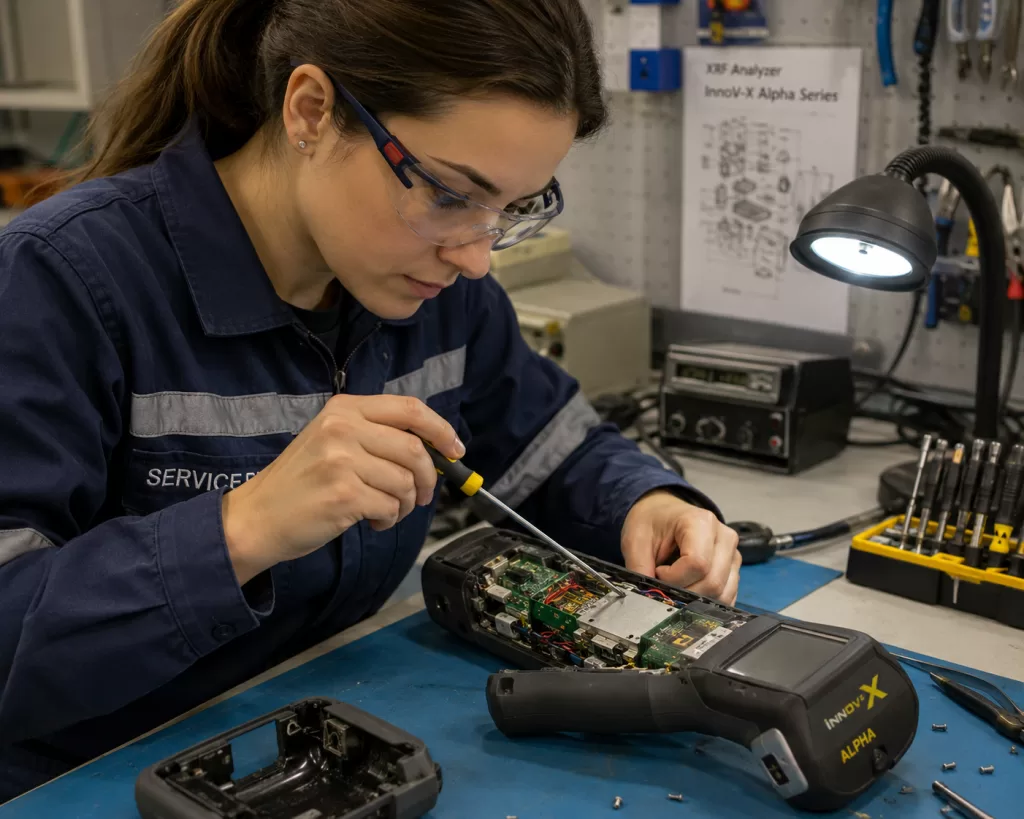 Female electronics engineer repairing an Innov-X Alpha series handheld XRF analyzer on a laboratory workbench with diagnostic tools and opened internal components visible