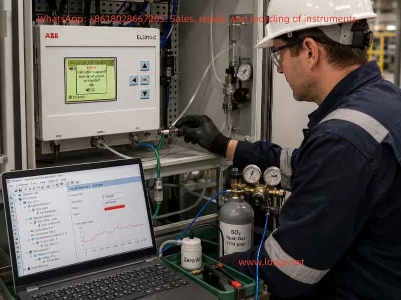 Technician troubleshooting an ABB EL3010-C Uras26 gas analyzer with SO2 zero and span gas connections while Optima TCT shows raw value and overrange status.