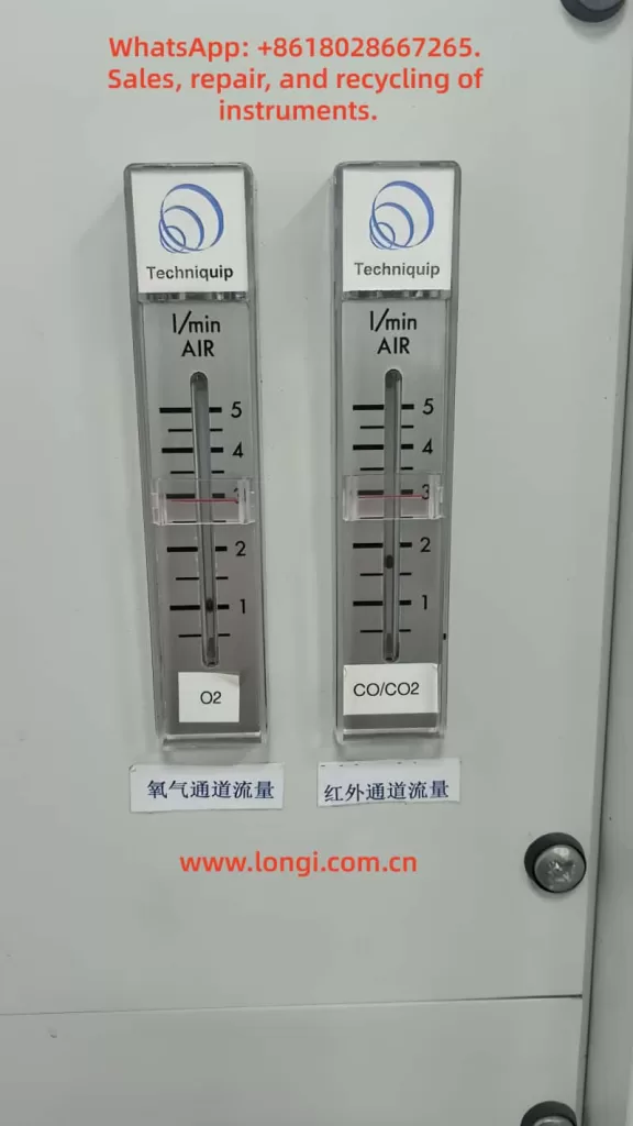 O2 and CO/CO2 channel flowmeters showing low gas sampling flow in an SBI combustion test analyzer cabinet