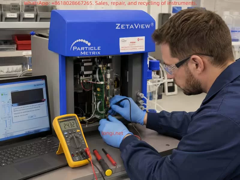 Engineer diagnosing and repairing a Particle Metrix ZetaView NTA nanoparticle analyzer with the instrument panel open, using a multimeter and laptop during troubleshooting.