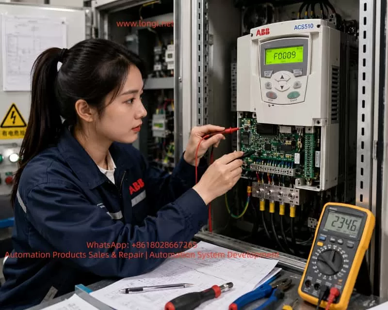 Industrial Chinese female engineer troubleshooting an ABB ACS510 variable frequency drive inside an electrical control cabinet, measuring PCB signals with multimeter probes while the inverter display shows F0009 motor overtemperature fault.