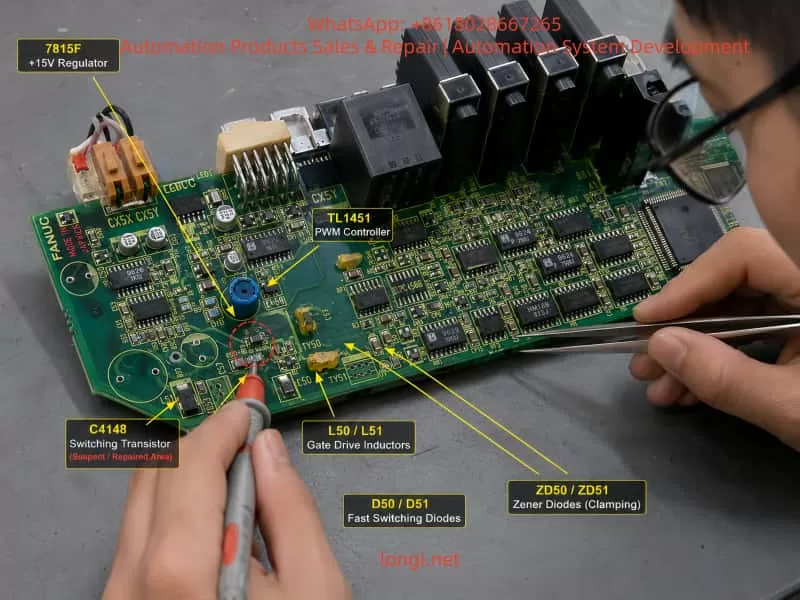 Close-up of a FANUC A20B-2001-093 control board with labeled C4148 transistor, TL1451 PWM controller, 7815F regulator, and auxiliary power circuit components under inspection