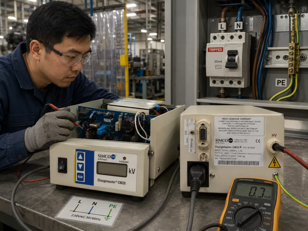 Factory electrical diagnosis of a SIMCO-ION Chargemaster CM20-P high-voltage generator connected to L, N, and PE wiring, showing earth leakage troubleshooting, a tripped leakage breaker, and grounding inspection.