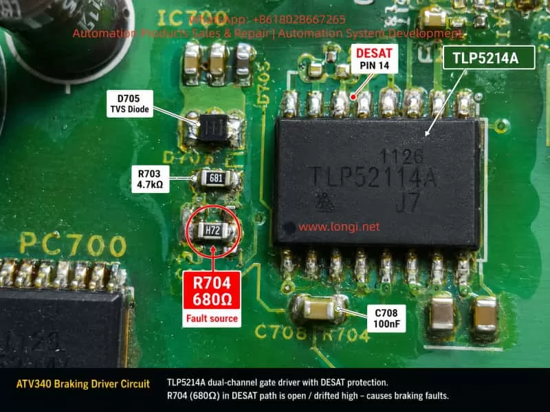Close-up of Schneider ATV340 braking IGBT driver circuit showing TLP5214A gate driver, DESAT pin 14, D705, C708, R703, and failed R704 680 ohm resistor in the DESAT detection path.