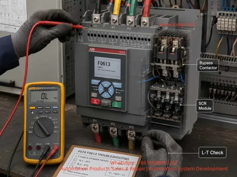 Technician diagnosing an ABB PSTX soft starter F0613 shunt fault with a multimeter, showing L-T terminal checks, bypass contactor, and SCR module inspection.
