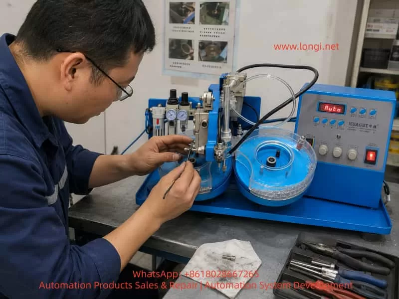 Technician repairing a blue rhinestone hotfix setting machine in a workshop, adjusting the nozzle and linkage mechanism with tools beside the dual feeding plates and control panel.