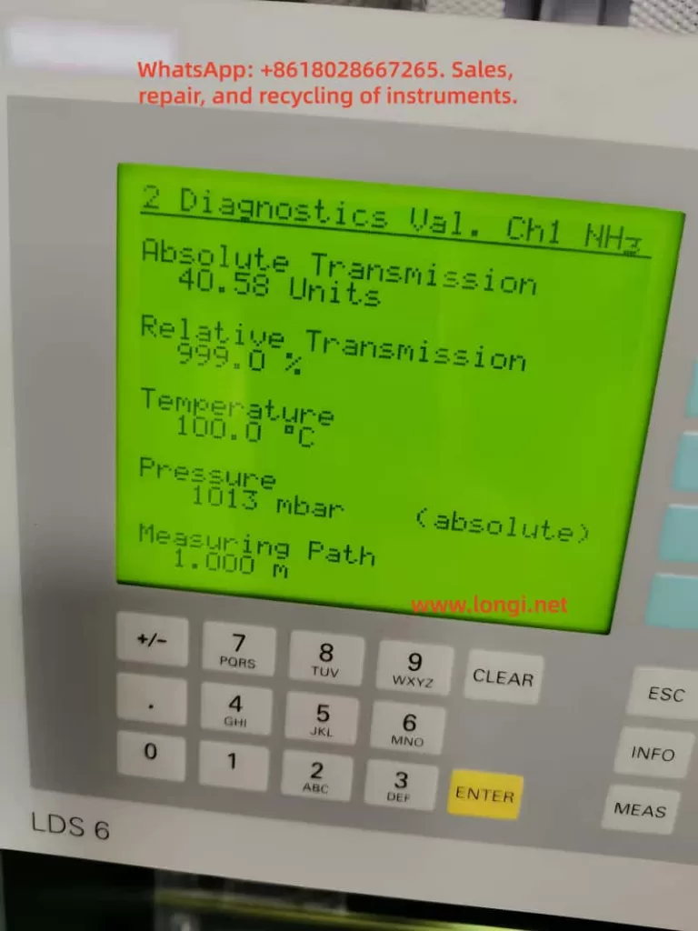 Siemens LDS 6 diagnostics screen for NH3 channel showing abnormal transmission values: Absolute Transmission 40.58 units and Relative Transmission 999.0 percent