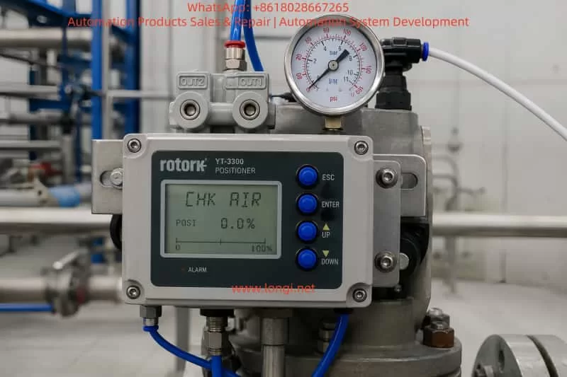 Cutaway internal structure diagram of a Rotork YT3300 smart positioner, showing the LCD display, main PCB, position sensor, feedback lever, pilot valve, pneumatic amplifier, nozzle flapper, supply port, output ports, and exhaust port
