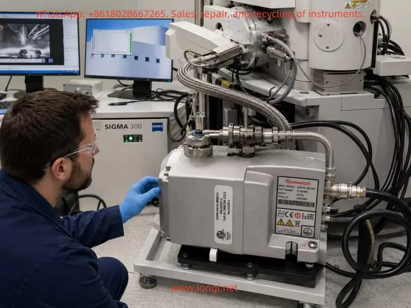 Engineer checking the Edwards nXDS dry scroll backing pump, vacuum hoses, fittings, and rough pumping system connected to a ZEISS Sigma 300 scanning electron microscope.