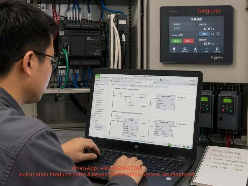 Engineer programming Modbus VFD start-stop and speed control logic in Schneider Machine Expert Basic with HMI monitoring screen.