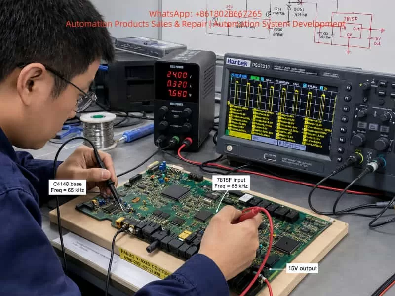 Chinese technician measuring C4148 and 7815F waveforms on a FANUC Y-axis servo control board with an oscilloscope showing a 65 kHz switching signal.