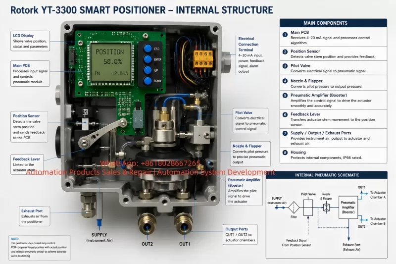 Close-up industrial photo of a Rotork YT3300 smart valve positioner with CHK AIR warning on the display, pressure gauge, pneumatic air lines, and valve actuator assembly.