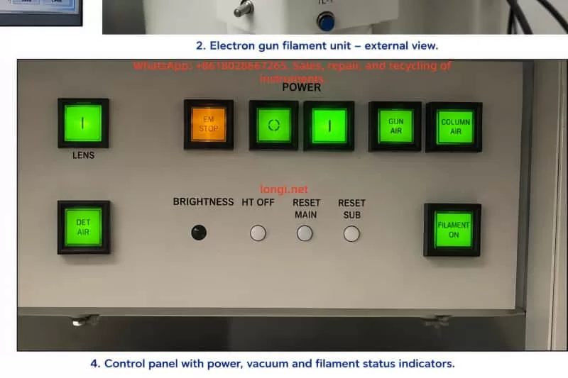 JEOL transmission electron microscope control panel with illuminated power, vacuum, filament, detector air, and column air status indicators during system operation.