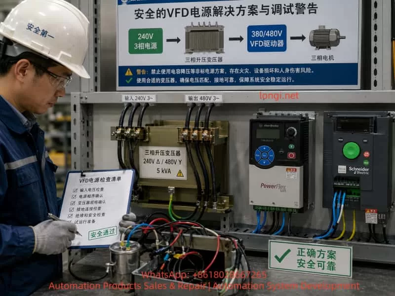 Safe VFD power supply setup showing a three-phase step-up transformer feeding PowerFlex 525 and ATV310 drives under engineer inspection.
