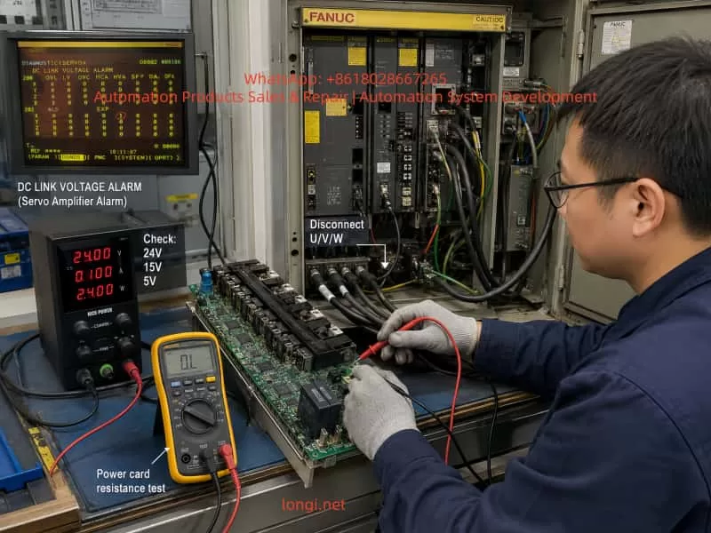 Technician performing isolation tests on a FANUC servo amplifier power card, checking U/V/W disconnection, 24V, 15V, 5V supplies, and resistance with a multimeter.