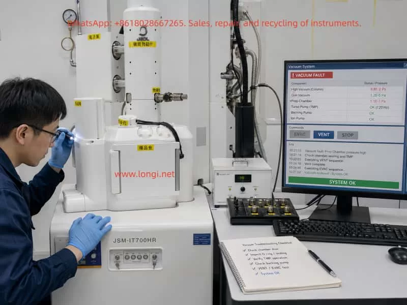 Technician troubleshooting a JEOL JSM-IT700HR scanning electron microscope in a laboratory, with the computer monitor showing a vacuum system fault and recovery status beside the SEM workstation.