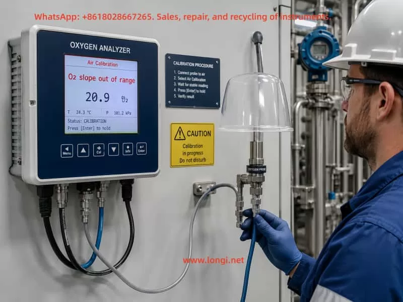 Industrial technician performing air calibration on an online oxygen analyzer showing an O2 slope out of range alarm.