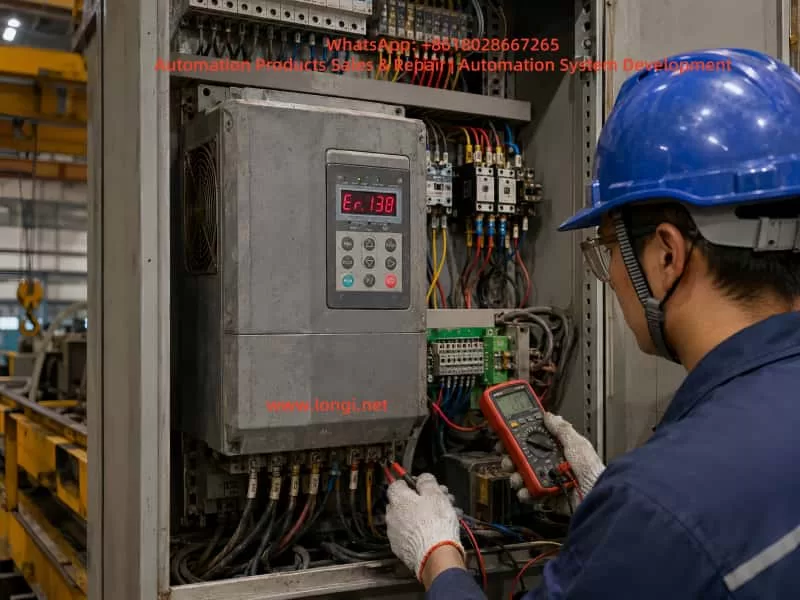 Industrial technician troubleshooting an Inovance CS700 crane-duty inverter displaying Er.138 inside a factory control cabinet, using a digital multimeter to inspect wiring and terminals.
