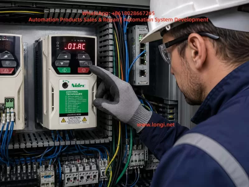 Technician inspecting a Nidec Control Techniques Unidrive M300 variable frequency drive displaying an OI.AC over-current fault inside an industrial control cabinet.