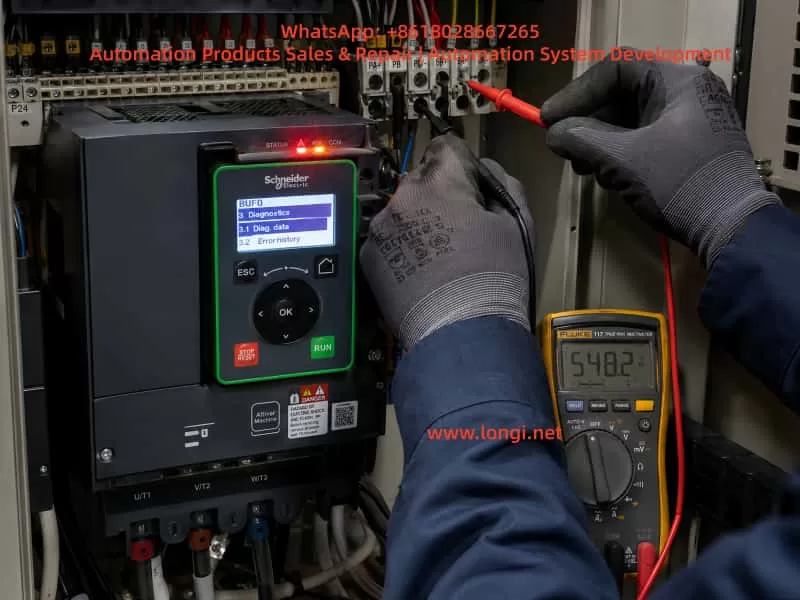 Technician using a multimeter to test braking terminals inside a Schneider Electric Altivar variable frequency drive control cabinet displaying a BUF0 braking circuit fault.