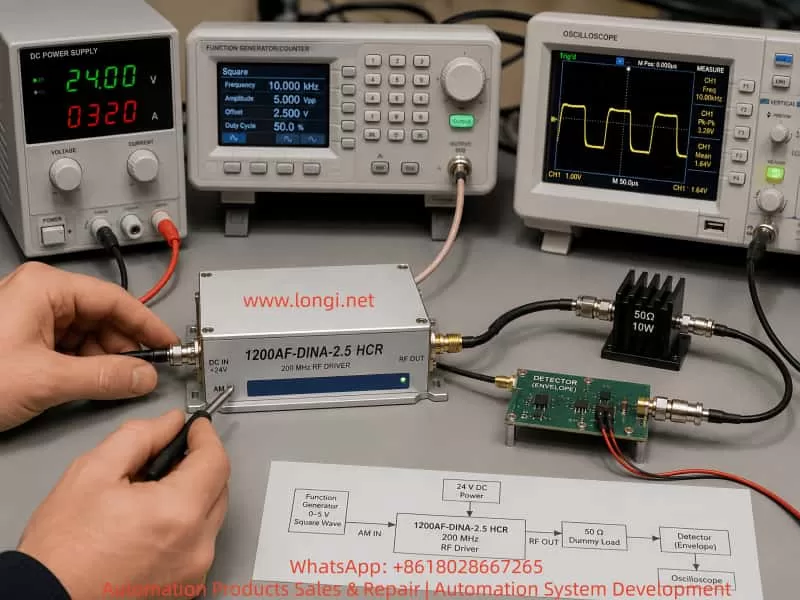 A real-world electronics laboratory setup showing a Gooch & Housego 1200AF-DINA-2.5 HCR 200 MHz RF driver under test. The device is connected to a 24V DC power supply, a function generator producing a 0–5V square wave into the AM IN port, and an RF output feeding a 50Ω dummy load. A simple RF detector circuit is connected to an oscilloscope displaying the modulation waveform. The scene includes test instruments, coaxial cables, SMA connectors, and a technician’s hand probing the AM IN input, illustrating practical RF driver repair and verification.