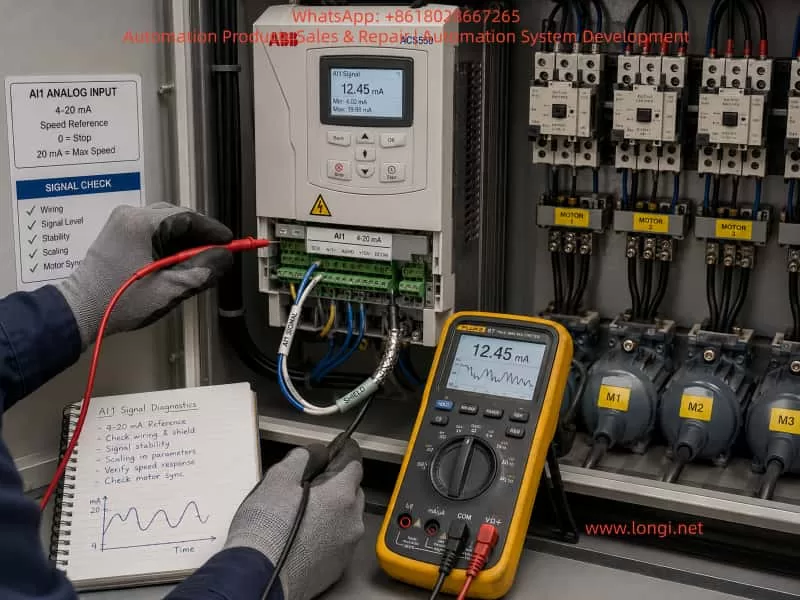 Technician using a multimeter to test the AI1 4–20 mA analog input signal on an ABB ACS550 variable frequency drive inside an industrial control cabinet for multi-motor synchronization troubleshooting.
